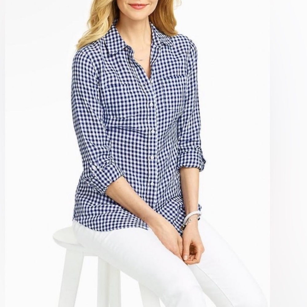 Talbots Gingham Linen Button Down Check Shirt Siz… - image 1